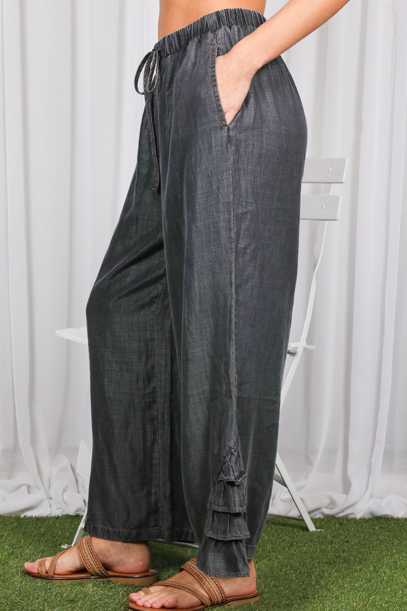 Ruffle Hem Chambray Pants