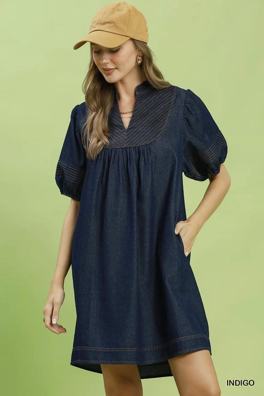 Chambray Puff Sleeve Dress
